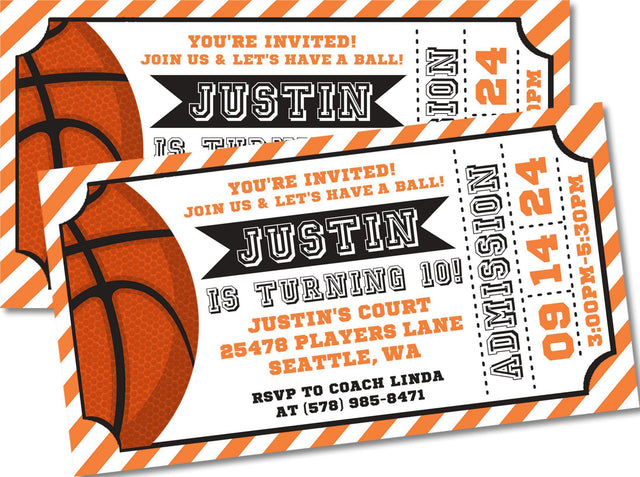 basketball ticket birthday invitations orange black sports design