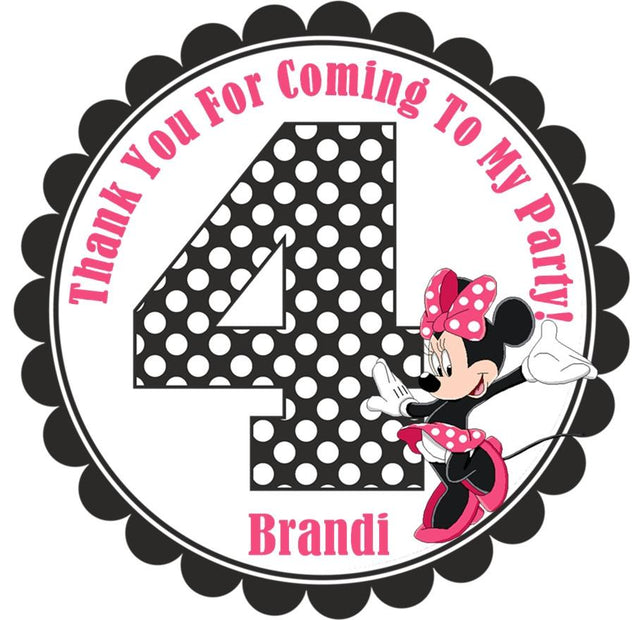 black scalloped border Minnie themed party favor label