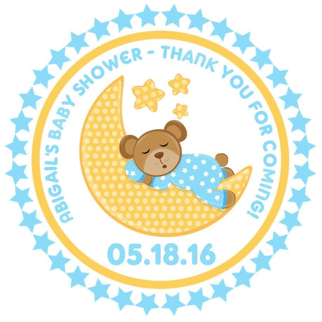 blue and yellow moon baby shower label