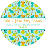blue background dinosaur favor label design