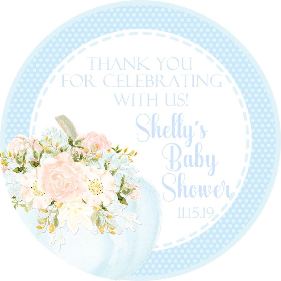 blue pumpkin baby shower sticker with floral design