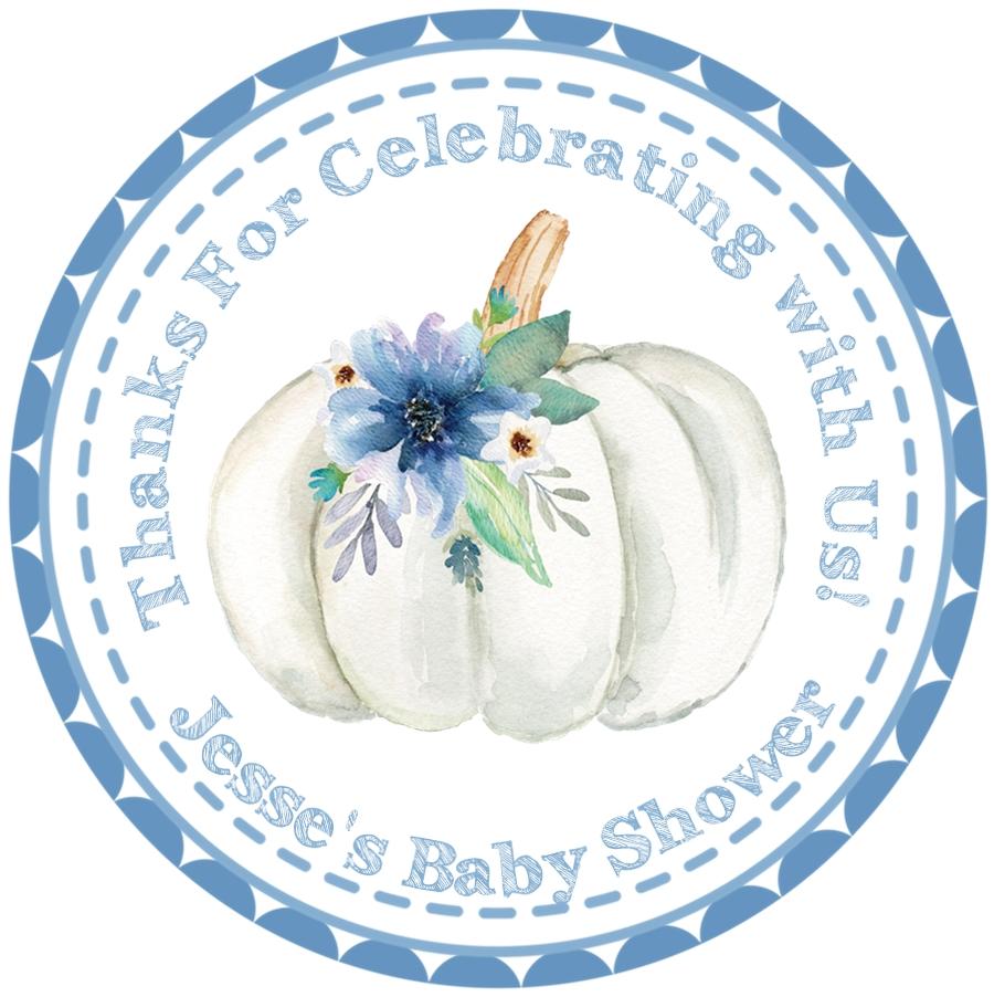 blue pumpkin baby shower sticker with floral watercolor design