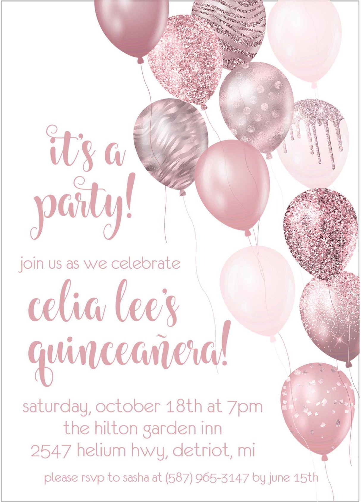 blush pink style balloon birthday party invitations