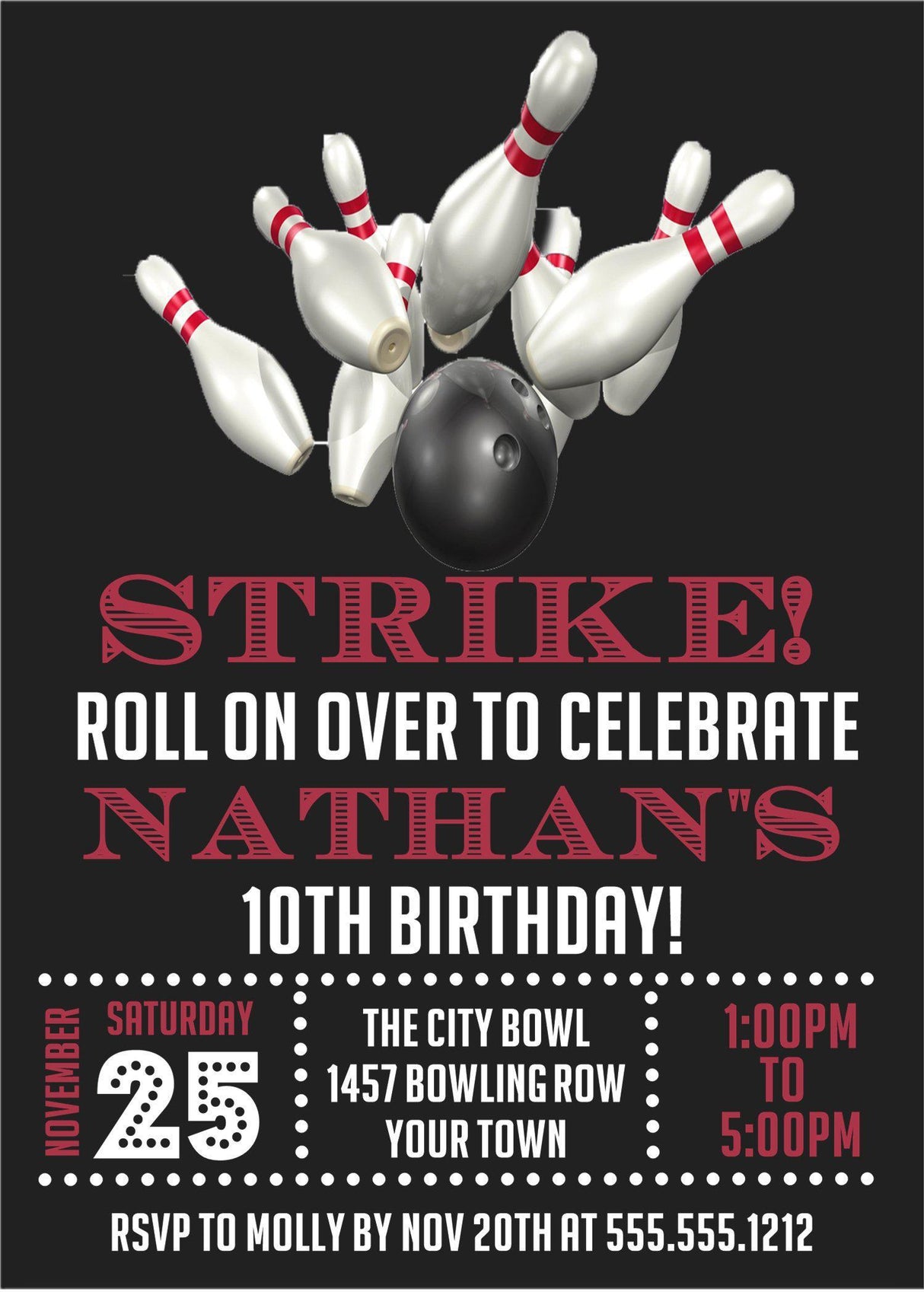 bowling birthday party invitations black red strike design