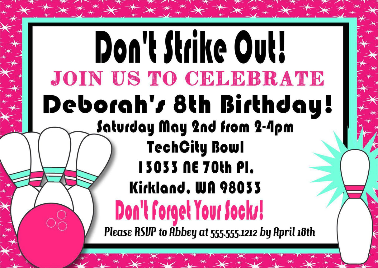 bowling birthday party invitations hot pink bowling design