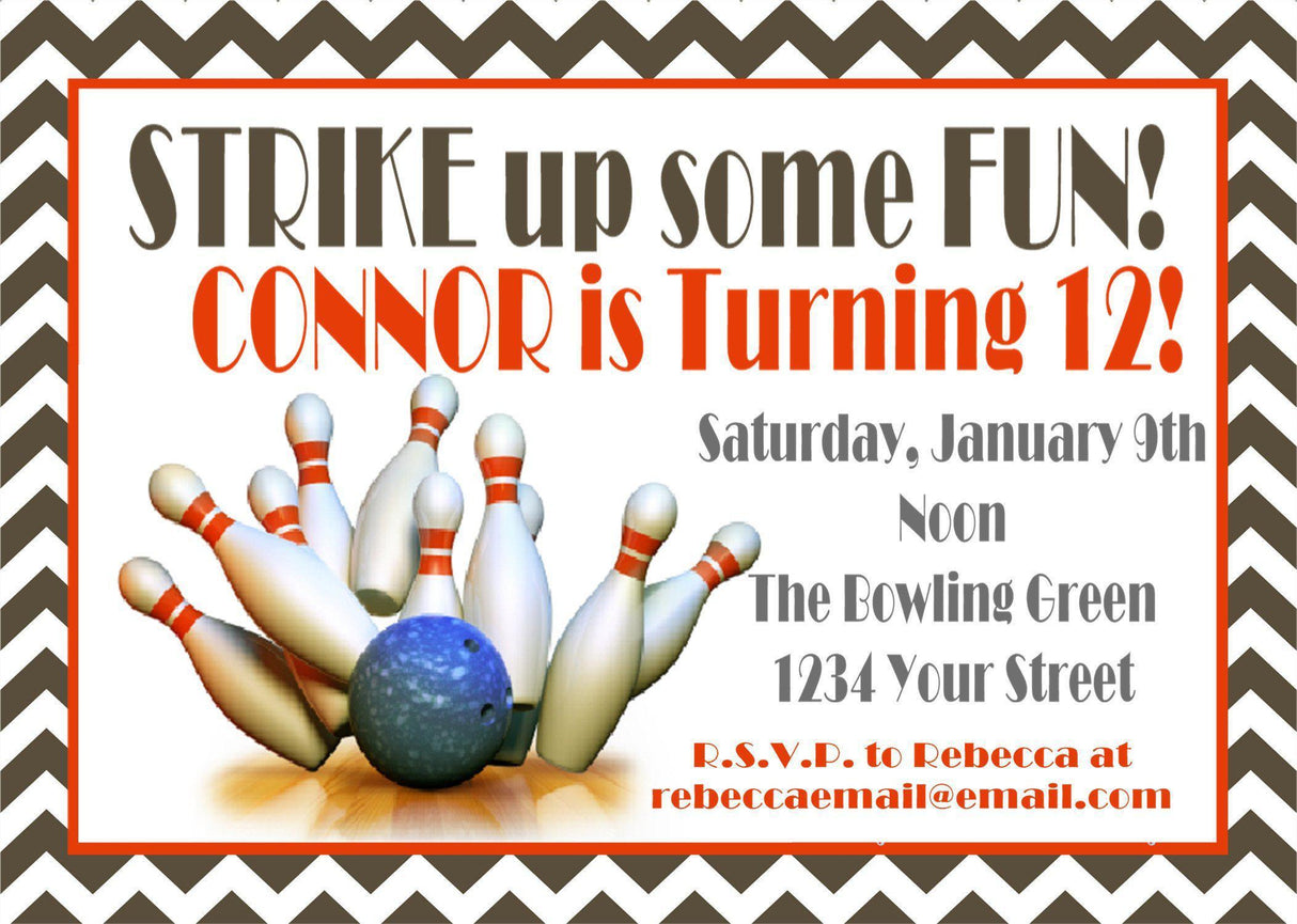bowling birthday party invitations orange bowling design