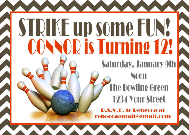 bowling birthday party invitations orange bowling design