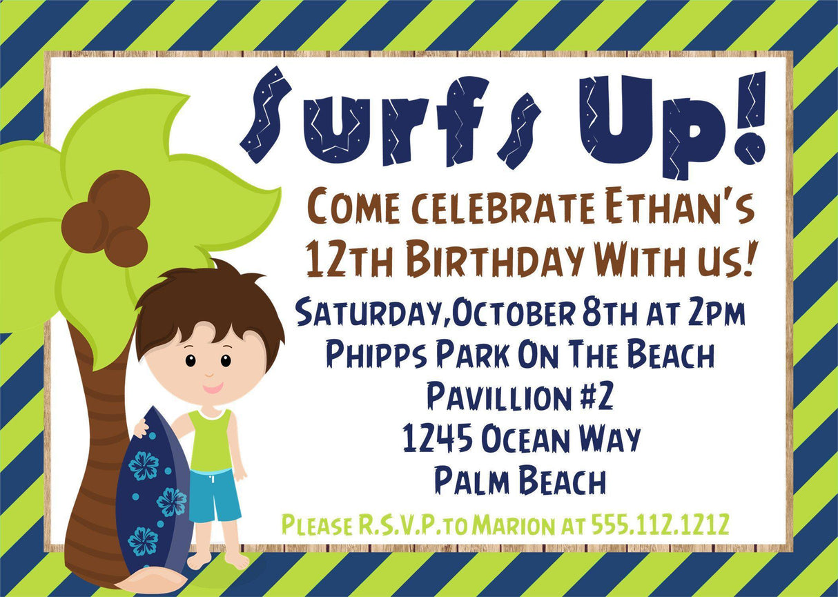boy surf birthday party invitations tropical beach design