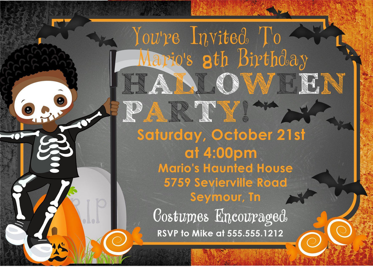 boys skeleton birthday costume party invitation