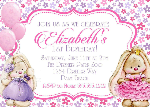 bunny rabbit 1st birthday invitations pink purple floral design