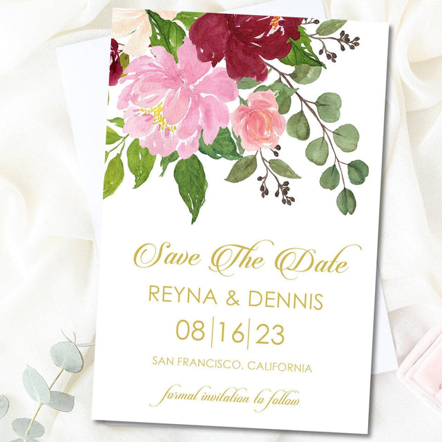 burgundy and blush floral save the date cards