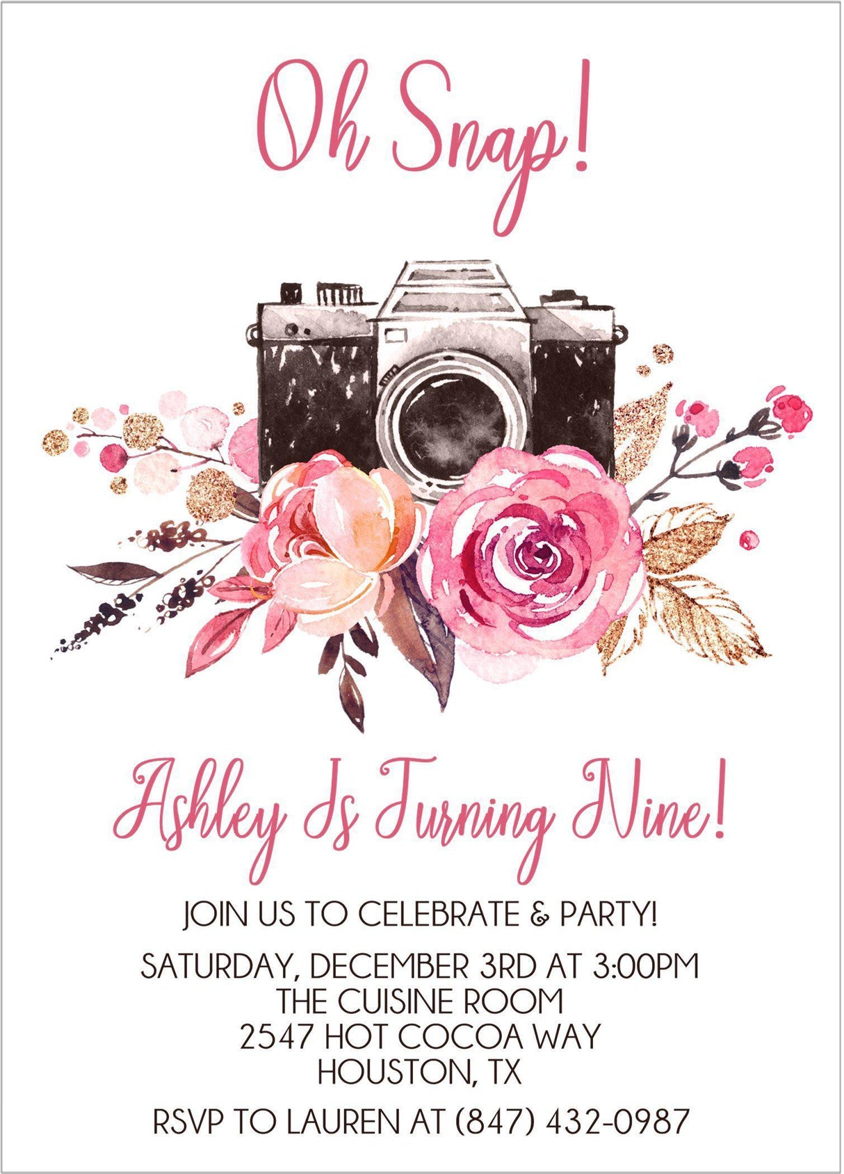 camera invitation cards girls teen birthday party style