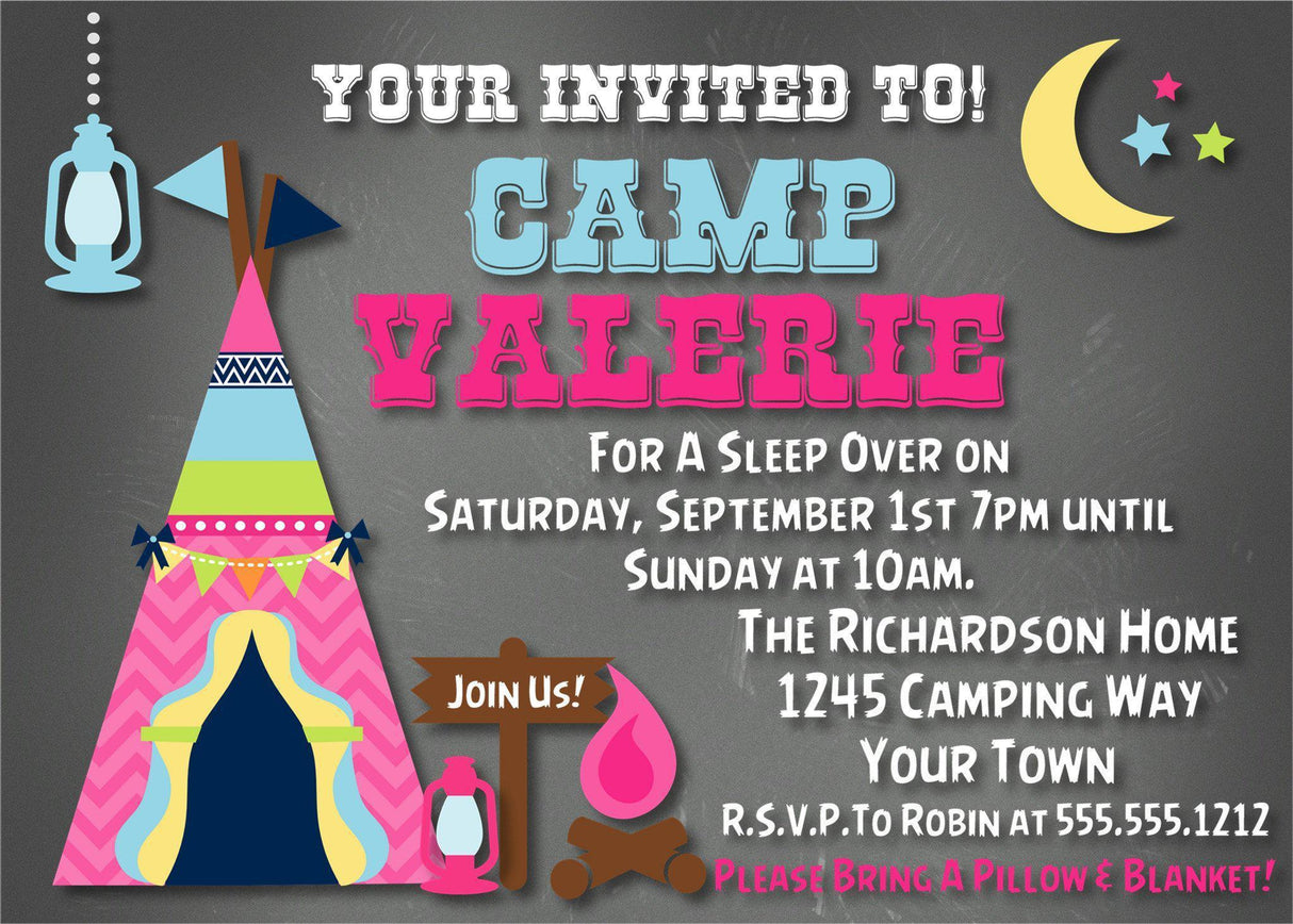 camping invitation cards sleepover birthday party style