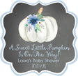 chalkboard blue pumpkin baby shower sticker with white pumpkin