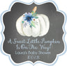 chalkboard blue pumpkin baby shower sticker with white pumpkin