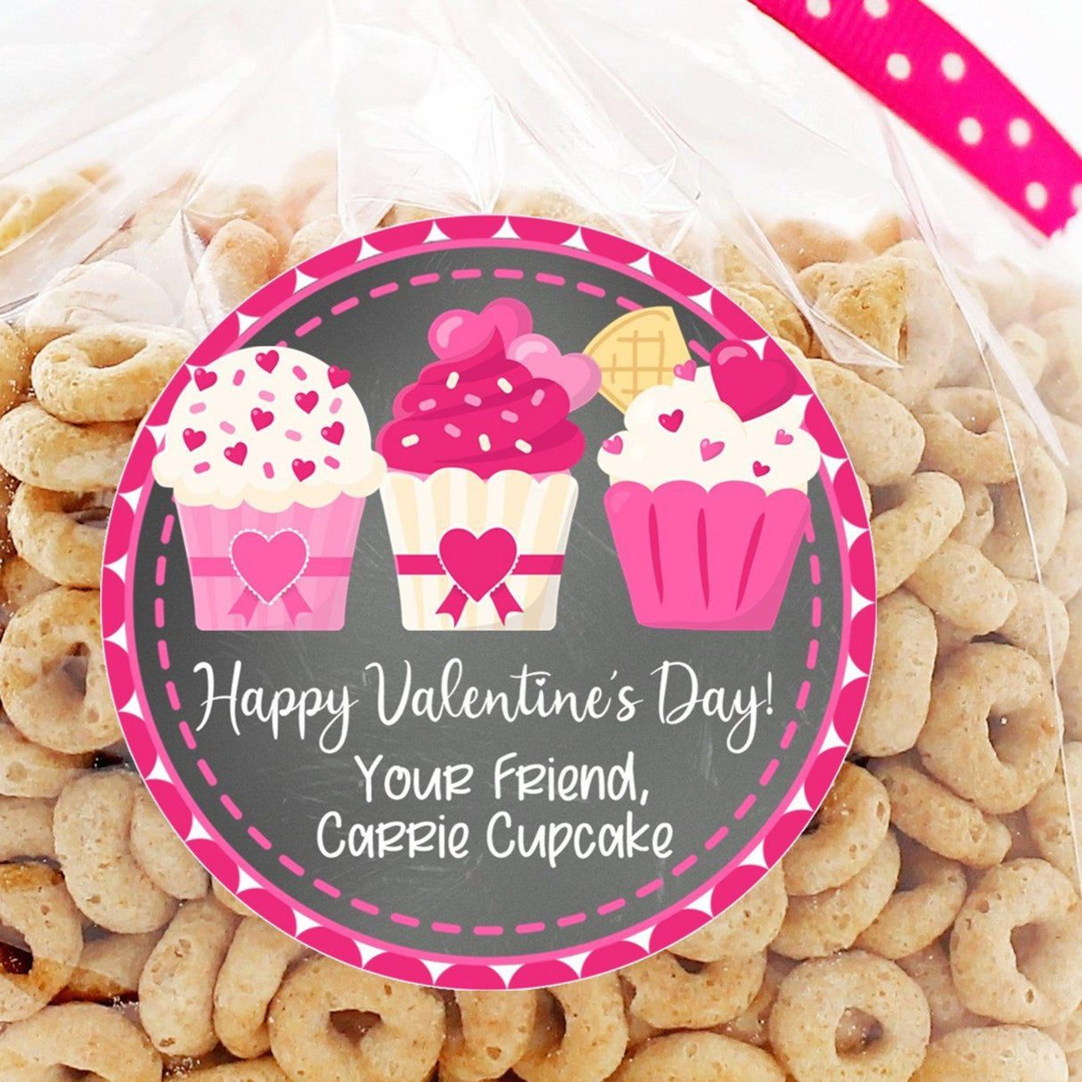 chalkboard cupcake valentine sticker with three pink cupcakes and hearts