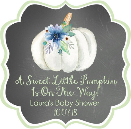 chalkboard pumpkin baby shower sticker with green floral design