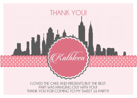 city skyline birthday thank you cards trendy pink party design
