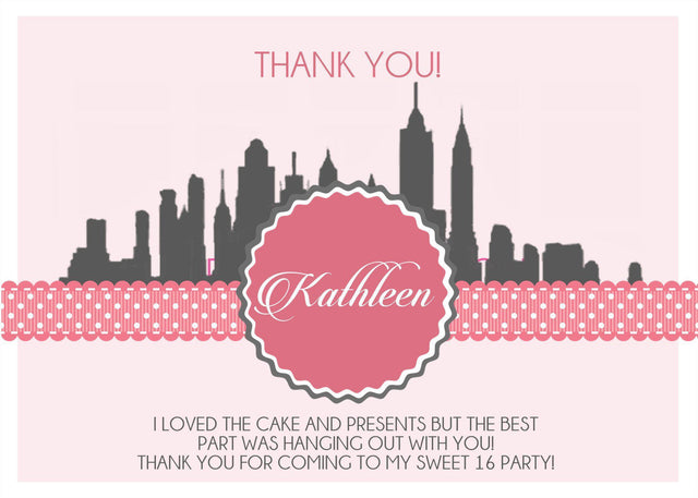 city skyline birthday thank you cards trendy pink party design
