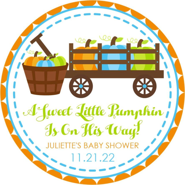 colorful pumpkin wagon baby shower sticker
