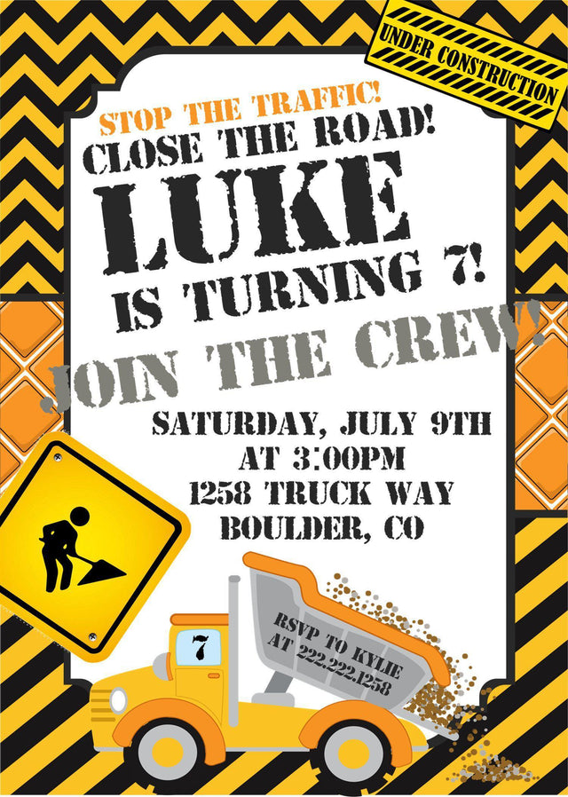 construction birthday party invitations dump truck design