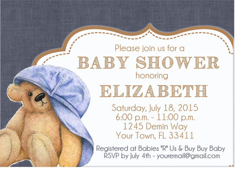 denim teddy bear baby shower invitations blue teddy bear design