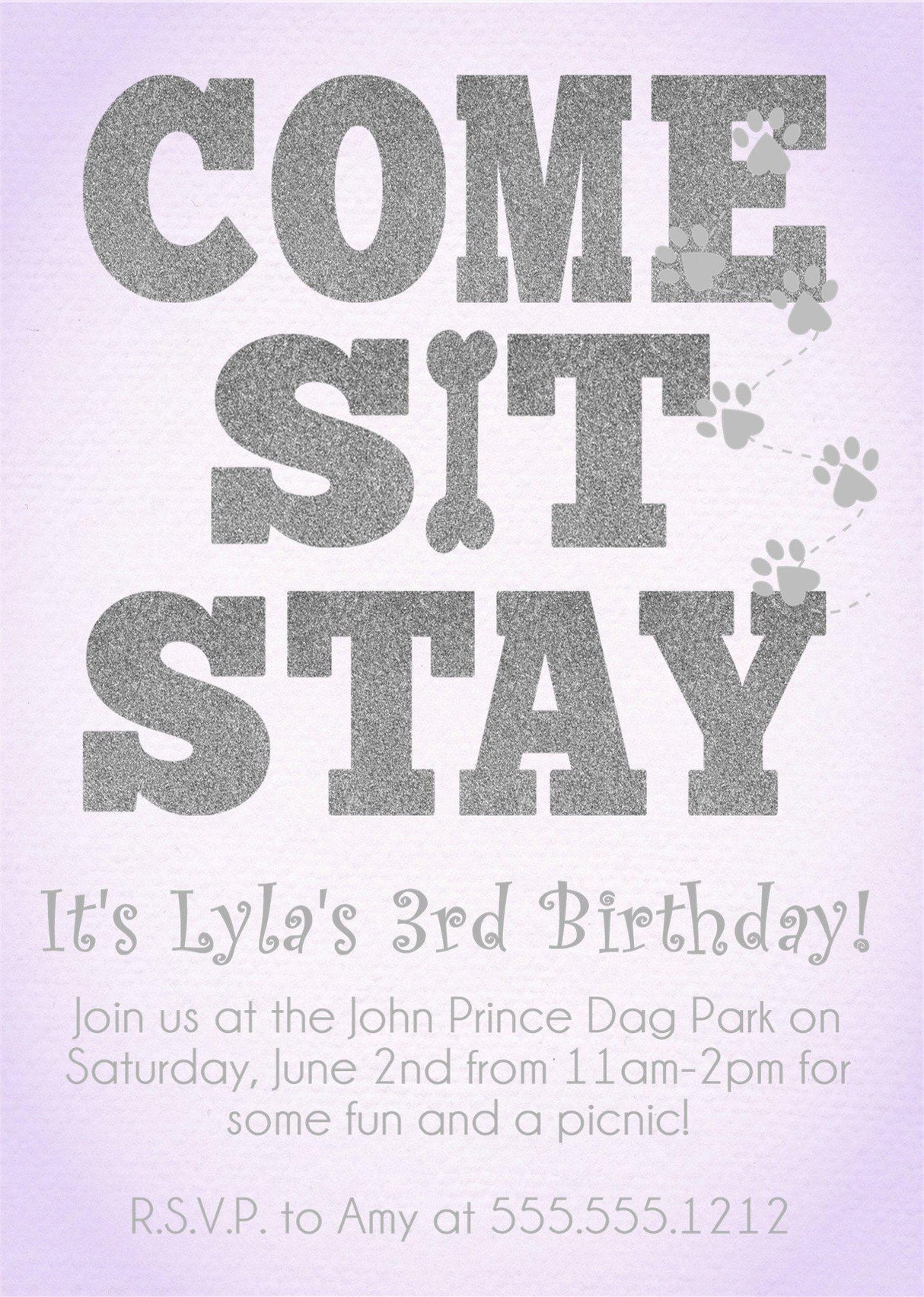 dog birthday party invitations lavender purple puppy design
