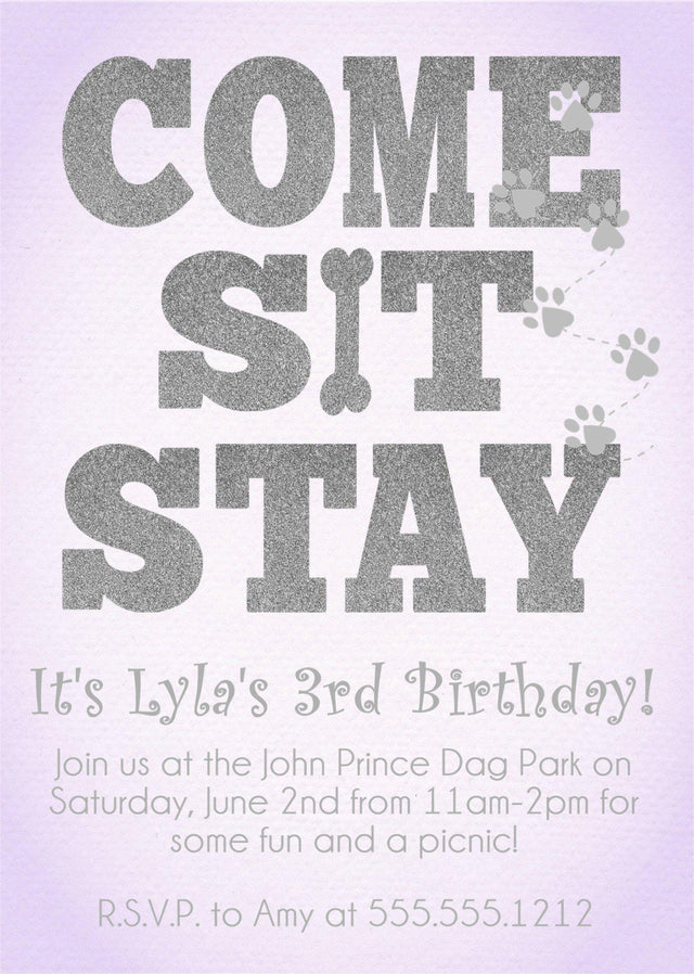 dog birthday party invitations lavender purple puppy design