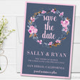dusty blue floral wreath save the date cards romantic botanical design