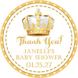 elegant royal baby shower favor label with gold crown design
