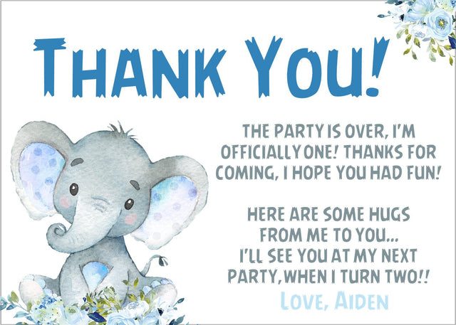 elephant first birthday thank you cards blue watercolor design
