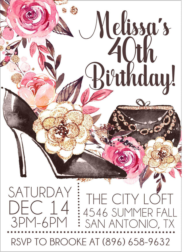 fashion birthday party invitations floral high heel design