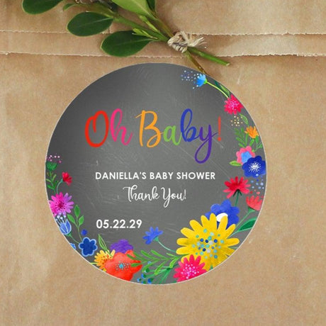 fiesta oh baby baby shower stickers with chalkboard background and florals