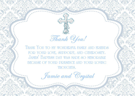 first holy communion thank you cards blue damask design