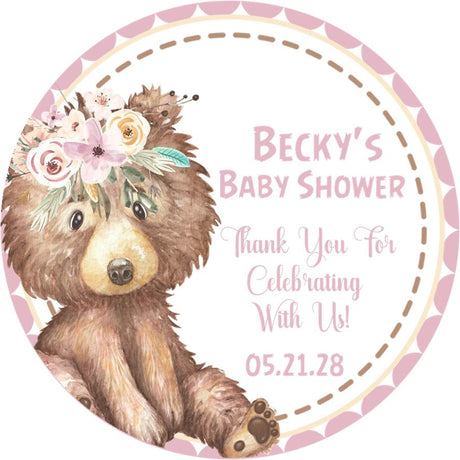 floral crown woodland bear baby shower sticker