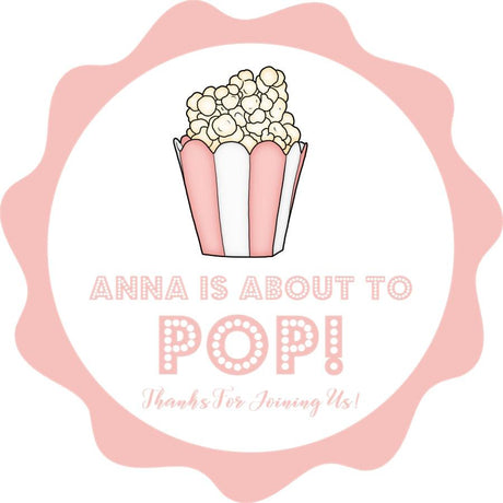girl baby shower favor label with popcorn illustration