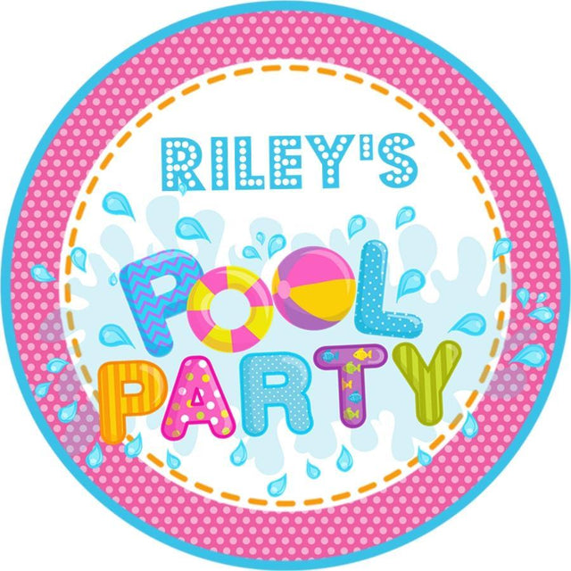 girls pink pool party birthday sticker