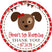 girls red puppy birthday sticker with brown puppy face with bow