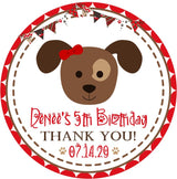 girls red puppy birthday sticker with brown puppy face with bow