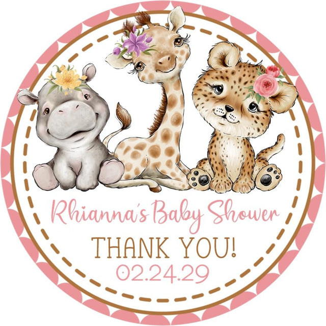 girls safari animal baby shower stickers with giraffe hippo leopard and pink florals