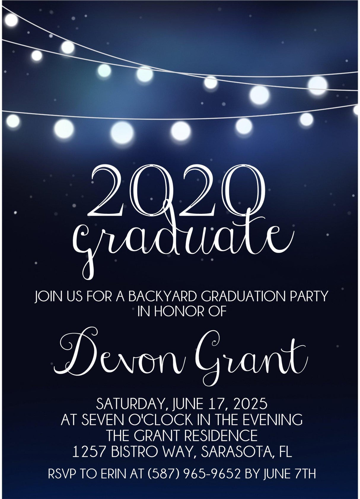 graduation party invitations navy string light design