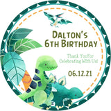 green watercolor dinosaur birthday sticker with leafy border
