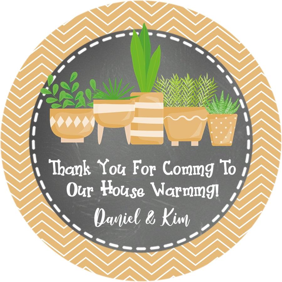 Personalized housewarming favor sticker with beige and greenery theme