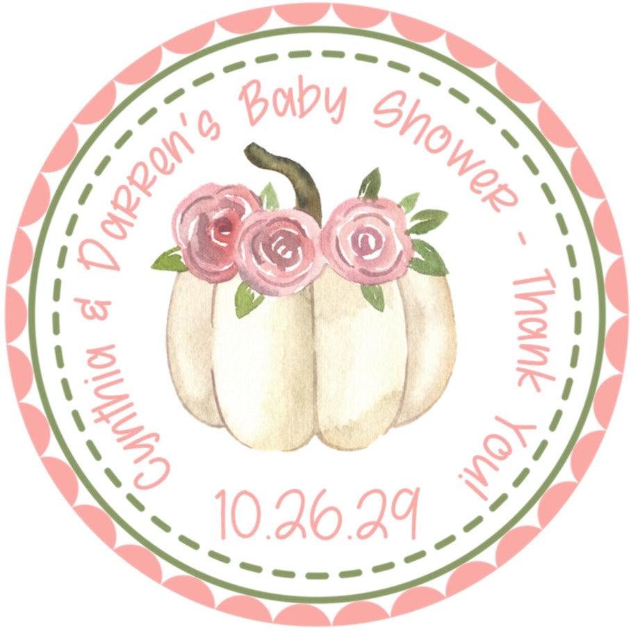 ivory pumpkin baby shower sticker with pink roses