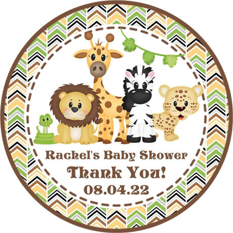 jungle safari baby shower stickers with lion giraffe zebra and leopard