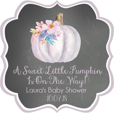 lavender pumpkin baby shower sticker with chalkboard background