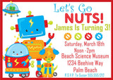 let’s go nuts robot birthday invitations science theme
