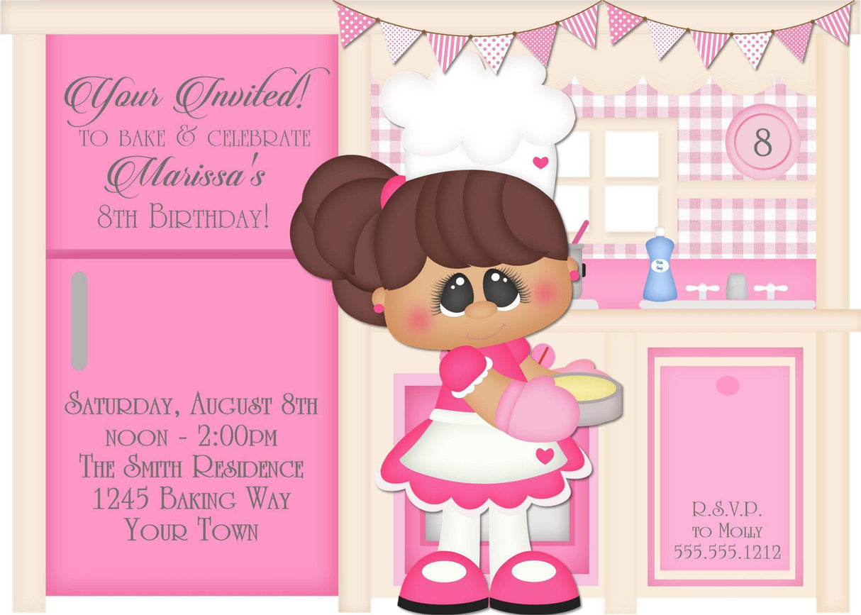 little chef birthday invitations pink baking theme