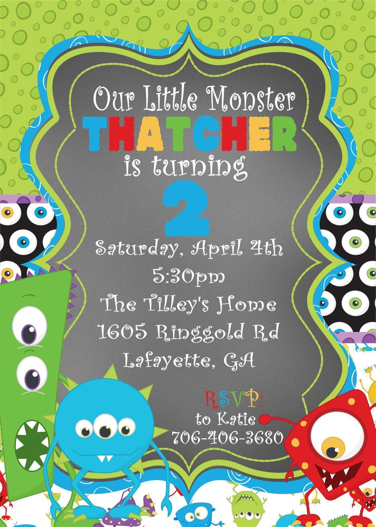little monster birthday invitations green blue party theme