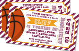 marroon gold basketball birthday ticket invitations